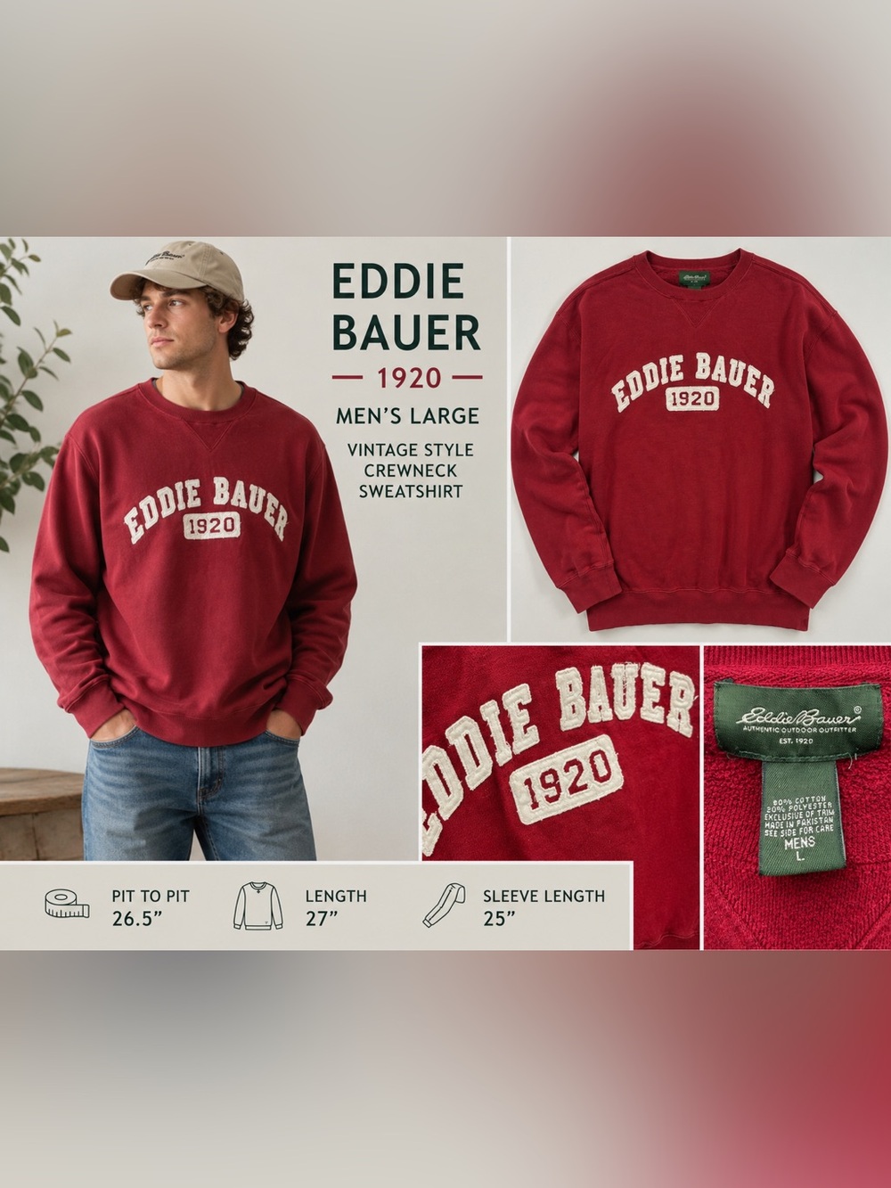 Eddie Bauer 1920 Red Crewneck Sweatshirt Men’s Large Vintage Style
